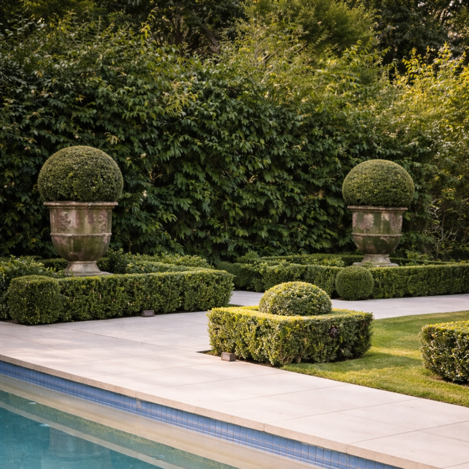 Formal garden with box hedging, topiary urn planters, and poolside landscaping.