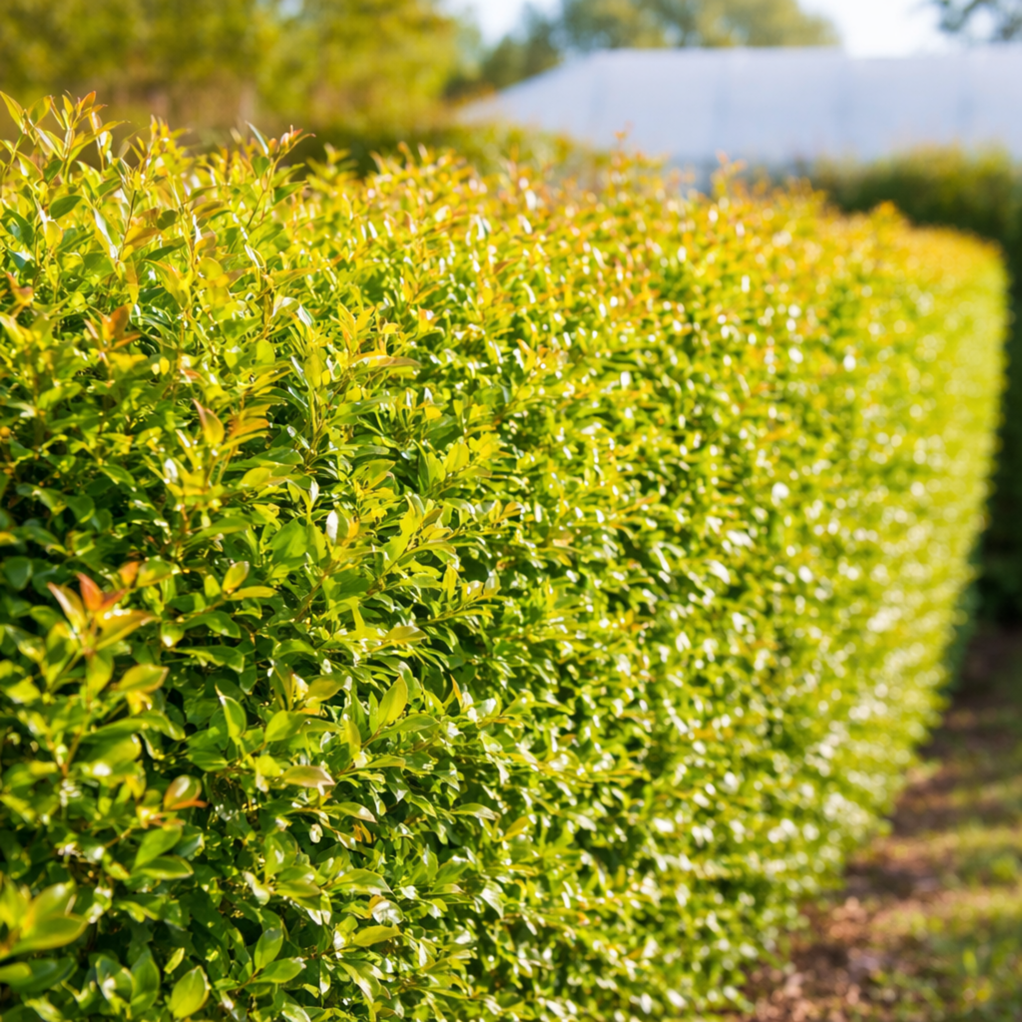 Row of neatly trimmed green shrubs in a garden setting