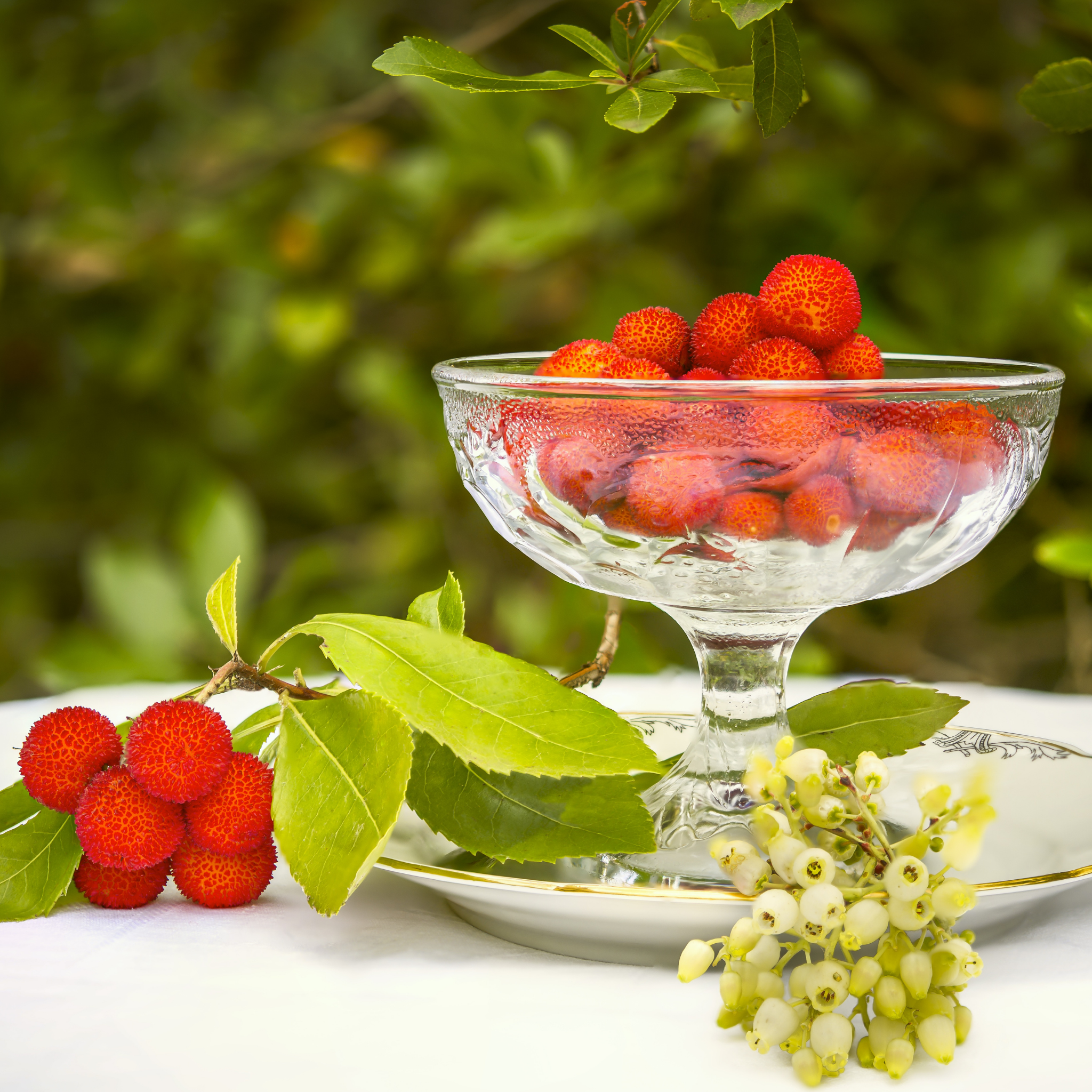 Clear glass bowl filled with strawberries on a white surface with greenery in the background