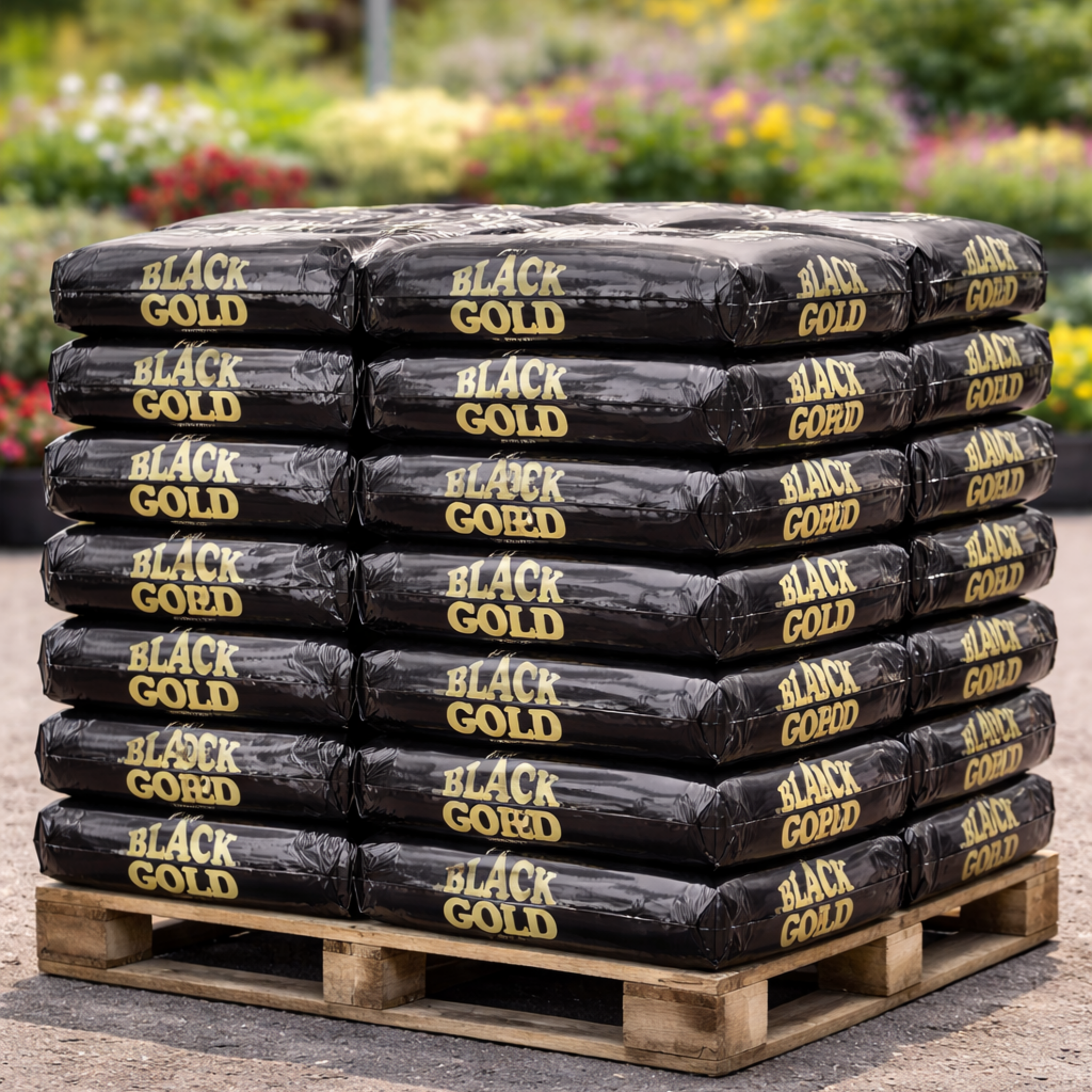 Stack of Black Gold bags on a pallet with a garden background