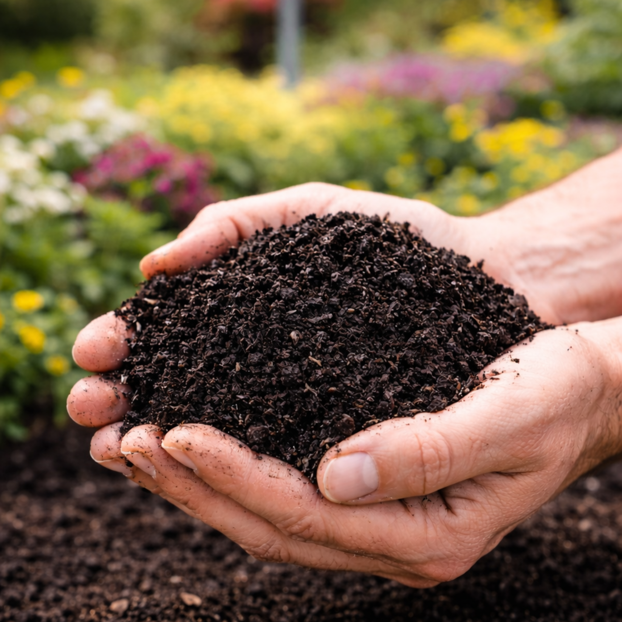 Hands holding a handful of dark soil with a garden in the background