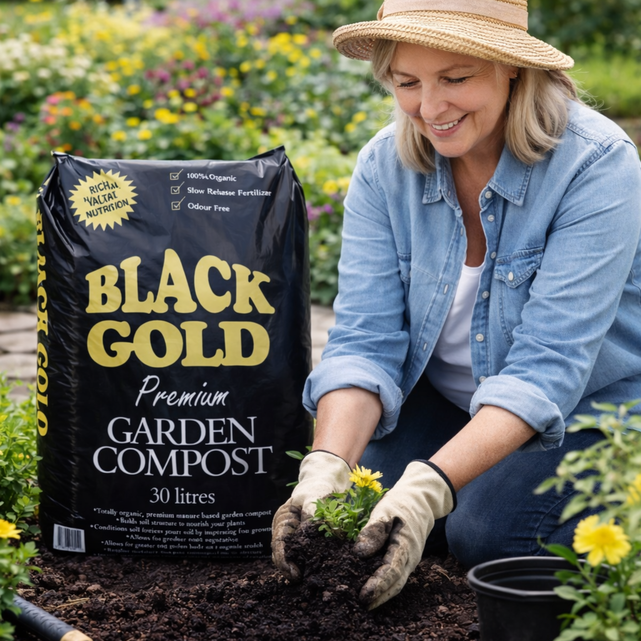 Person gardening with a bag of Black Gold garden compost in a garden setting.