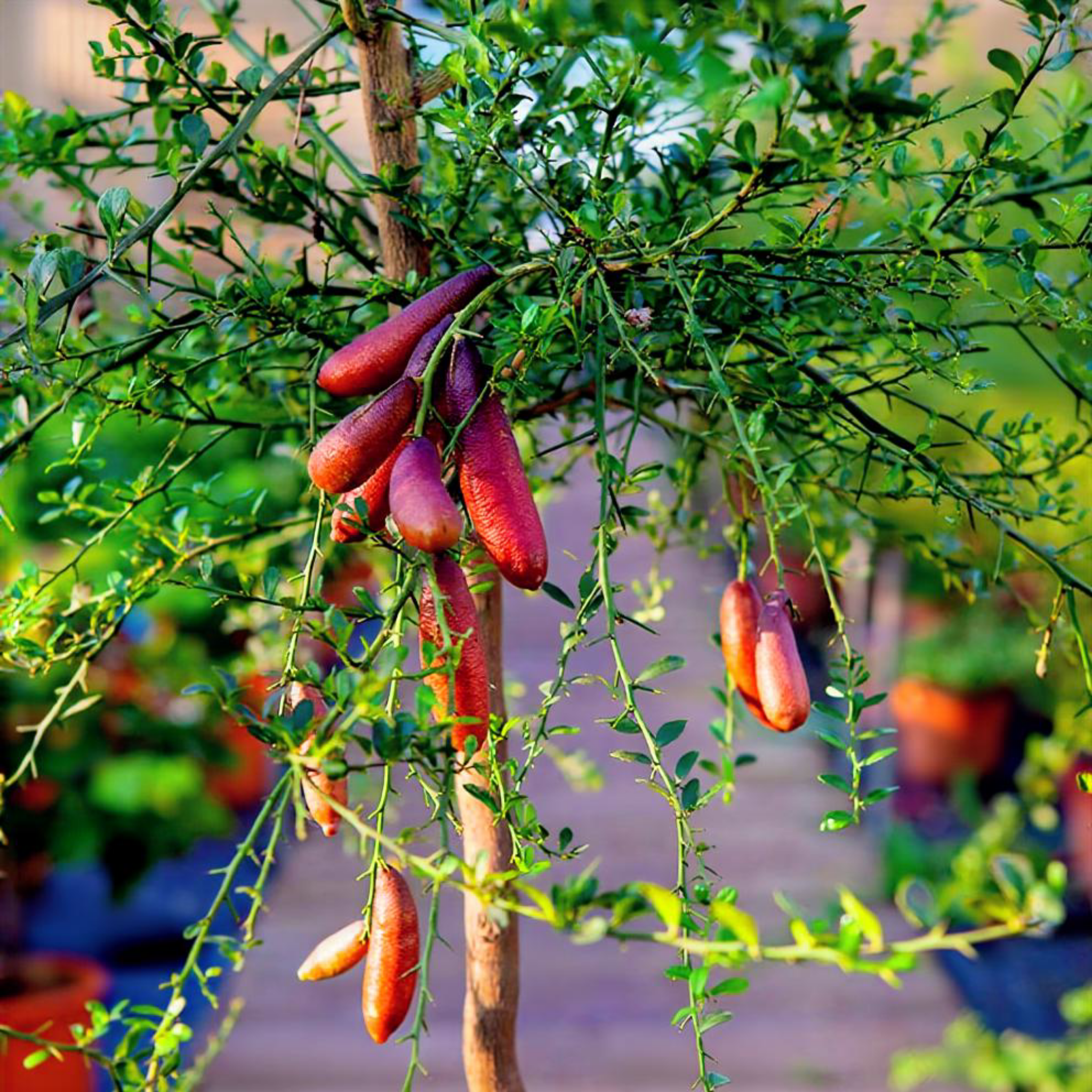 Australian Finger Lime hanging from a tree with a blurred garden background