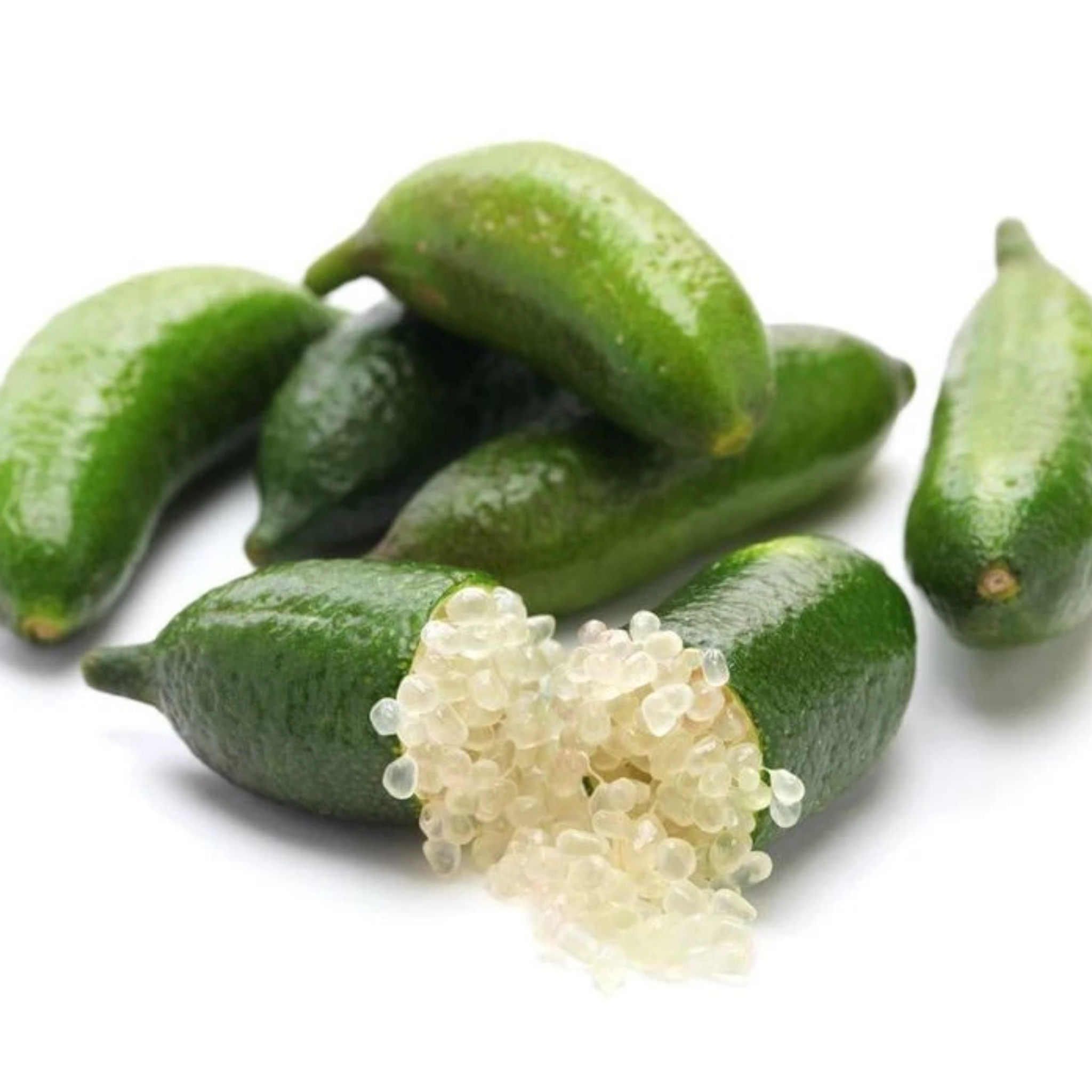 Crystal Finger Lime with one cut open to reveal seeds on a white background