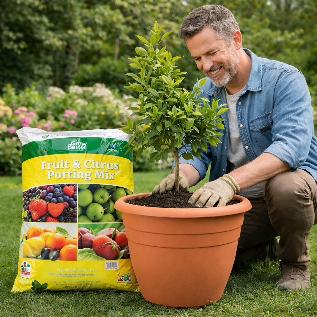 Man planting a tree in a pot with a bag of Fruit & Citrus Potting Mix in a garden setting.