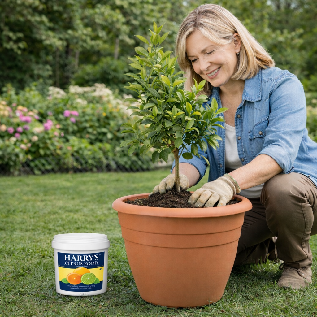 Woman planting a tree in a pot with a container of Harry's Organic Food in the foreground.