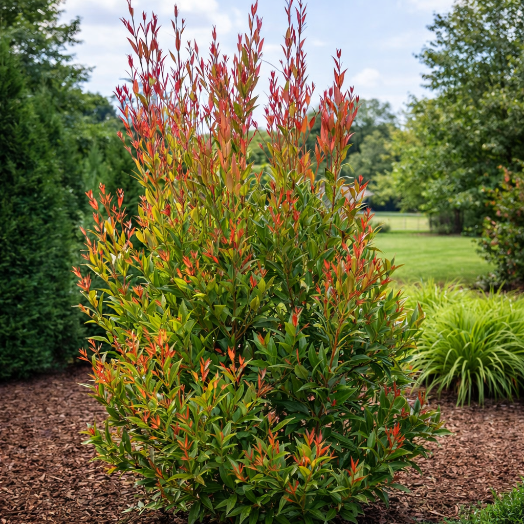 Shrub with red and green leaves in a garden setting