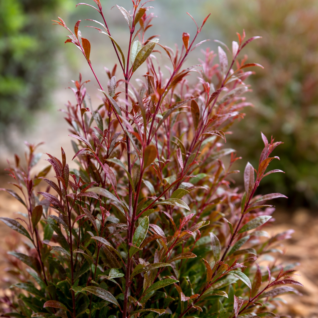 Close-up of a plant with red and green leaves against a blurred natural background