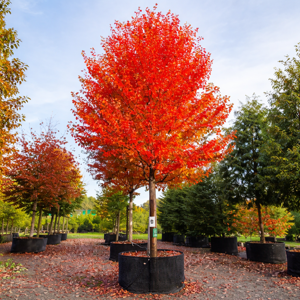 Tree with vibrant red foliage in a nursery setting