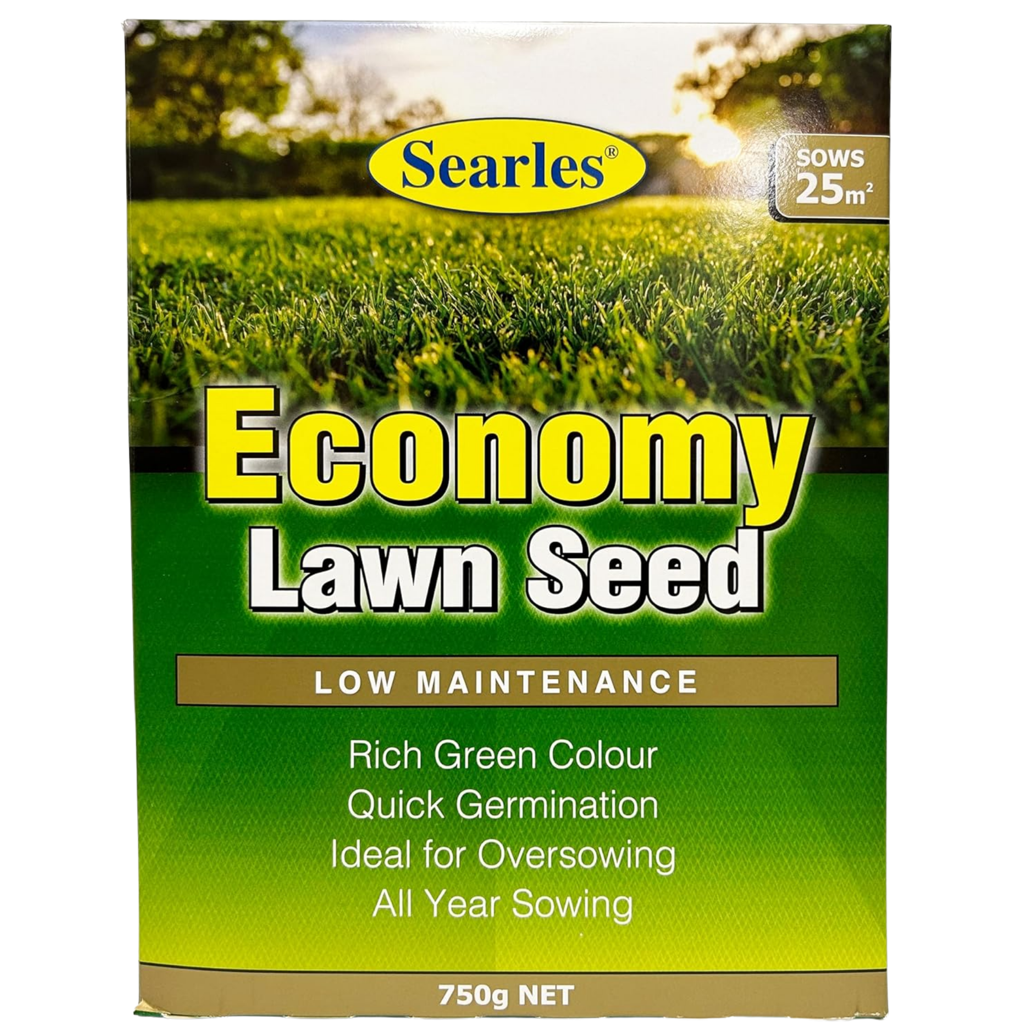 Searles Economy Lawn Seed packaging with a grassy field background