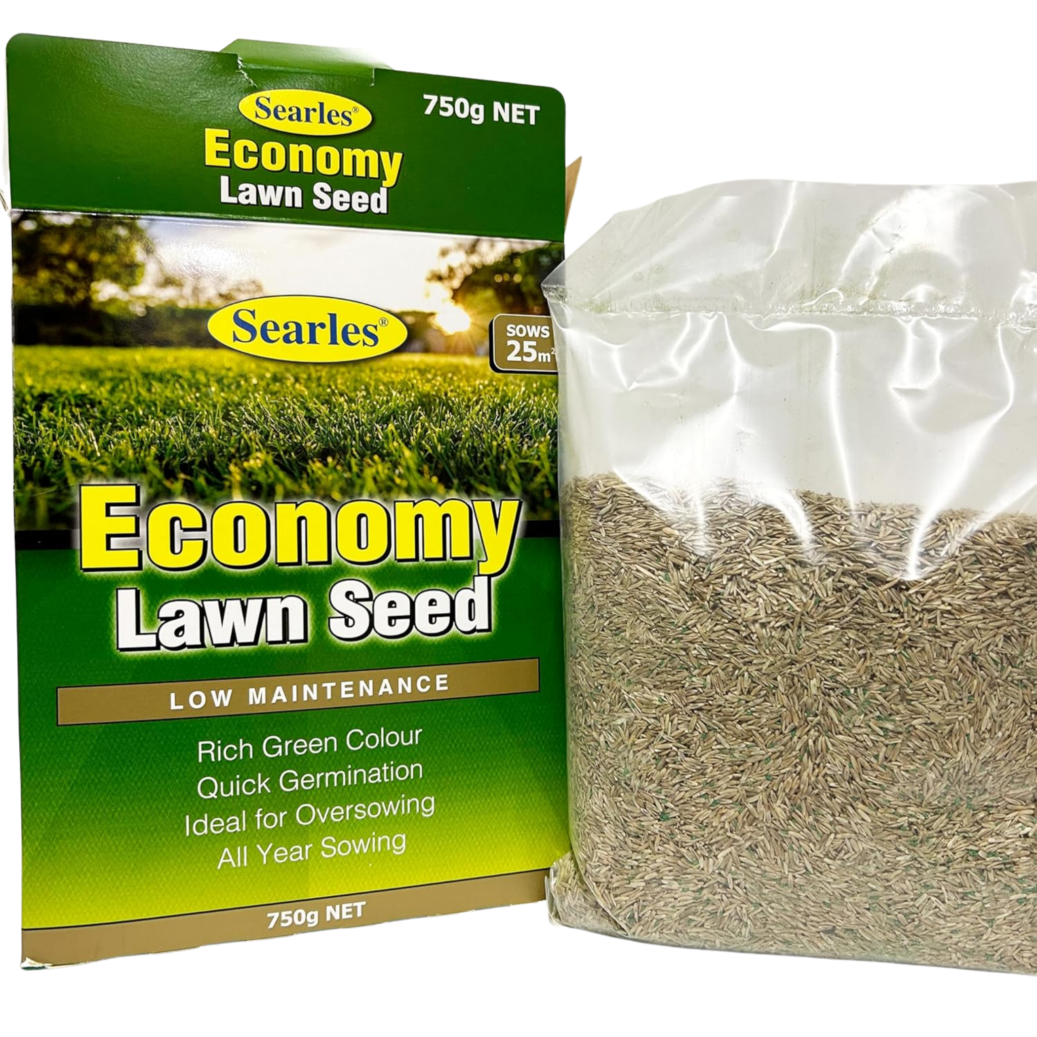 Searles Economy Lawn Seed packaging with visible seed contents on a white background