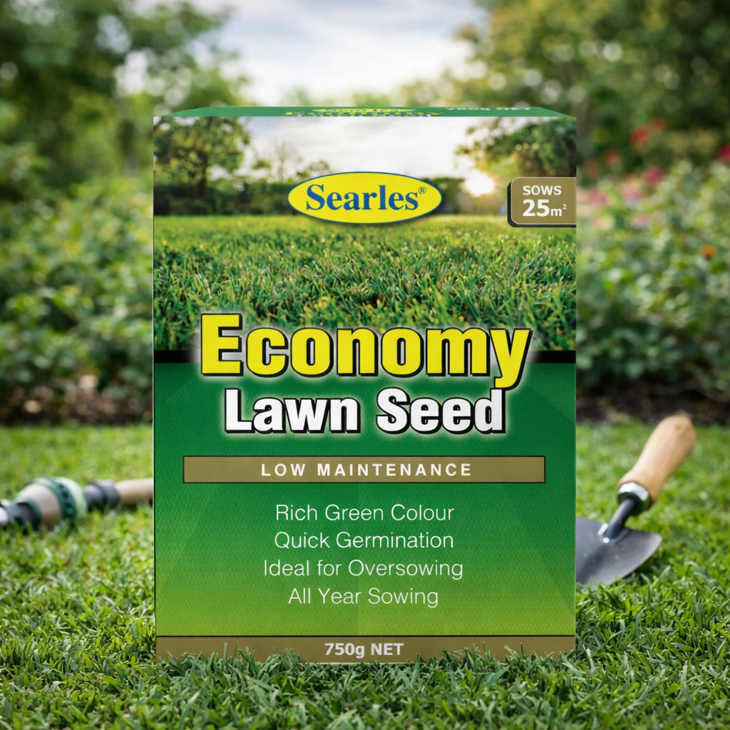Searles Economy Lawn Seed package on a grassy background