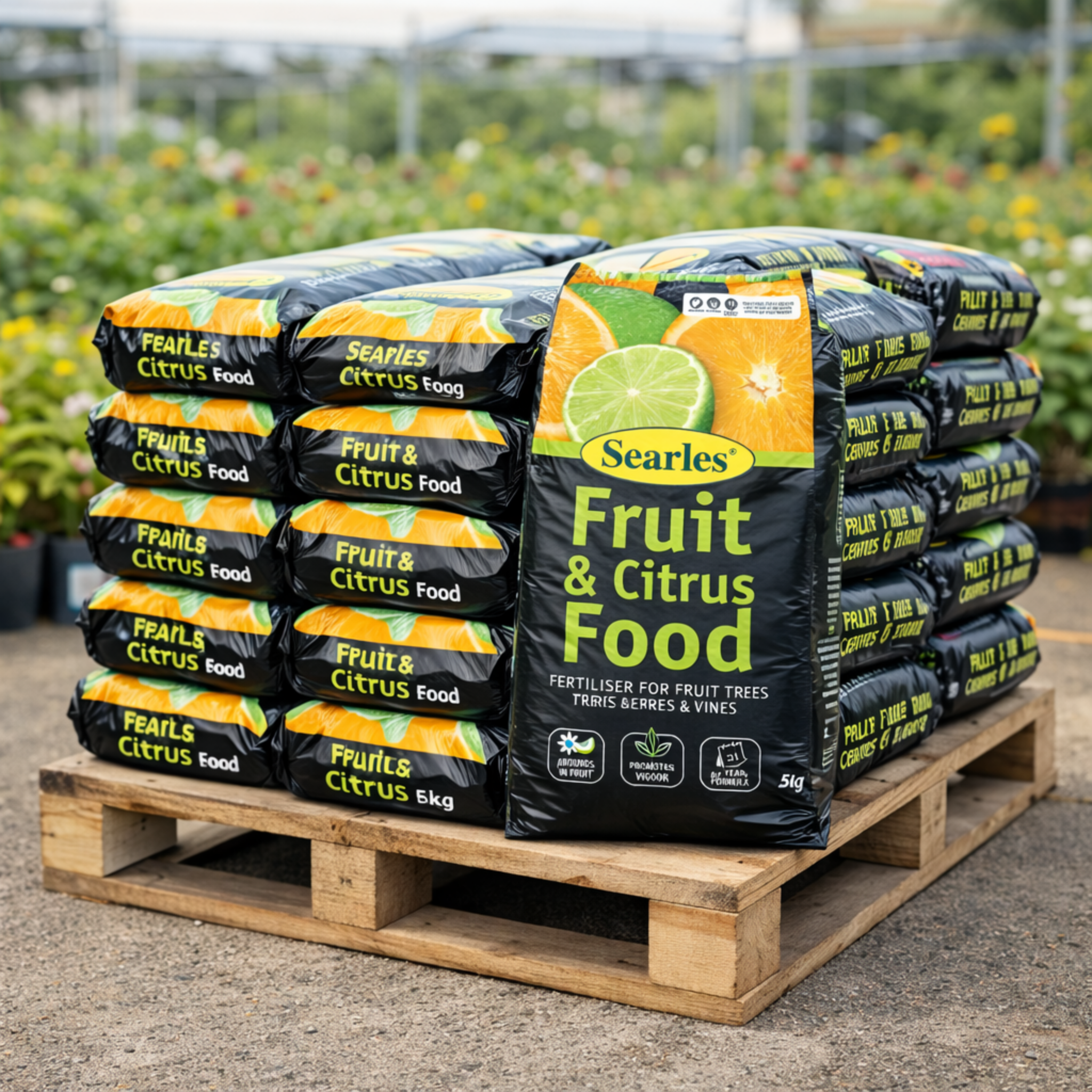 Pallet of Searles Fruit & Citrus Food bags with a garden in the background