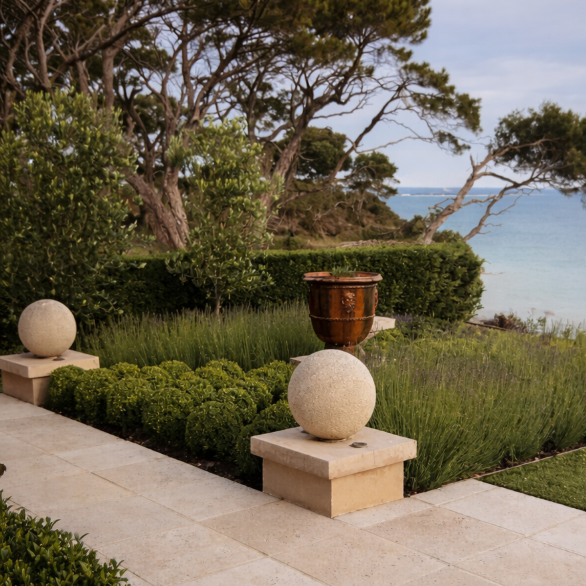 Decorative stone spheres and a terracotta pot in a garden with ocean view