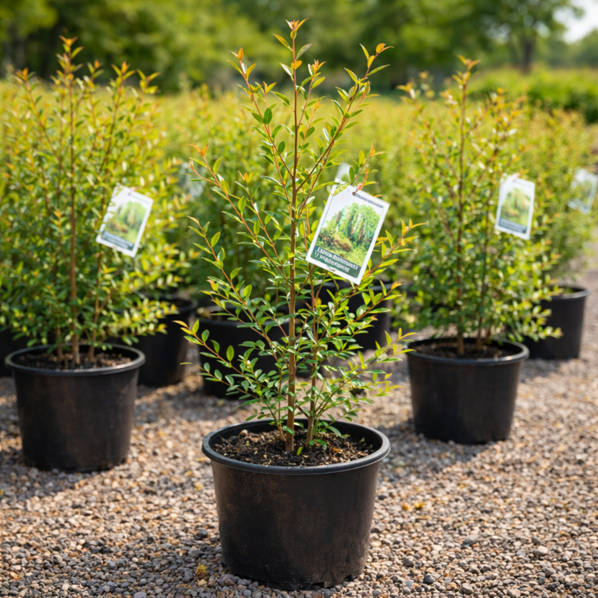 Row of potted trees with labels in an outdoor setting