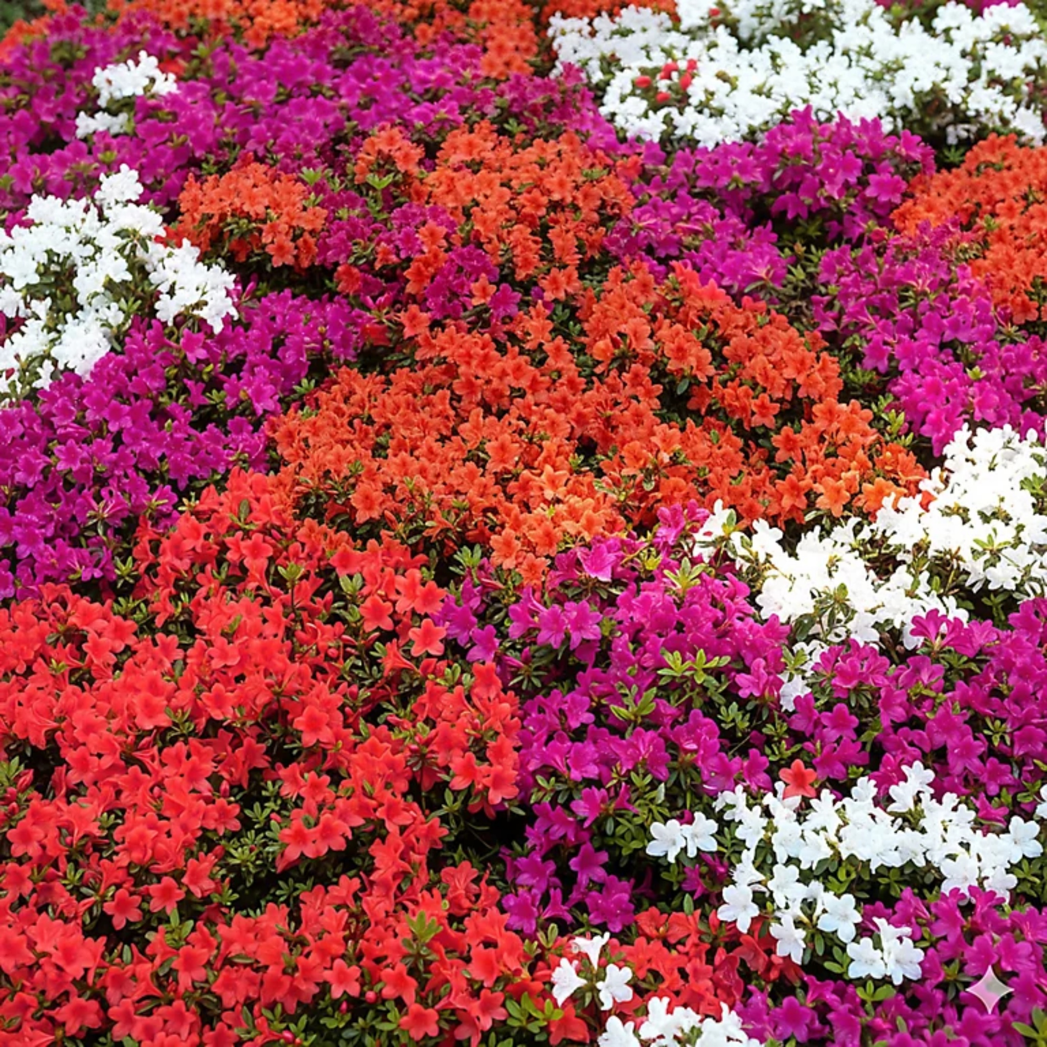 Colorful flower bed with red, pink, and white flowers.