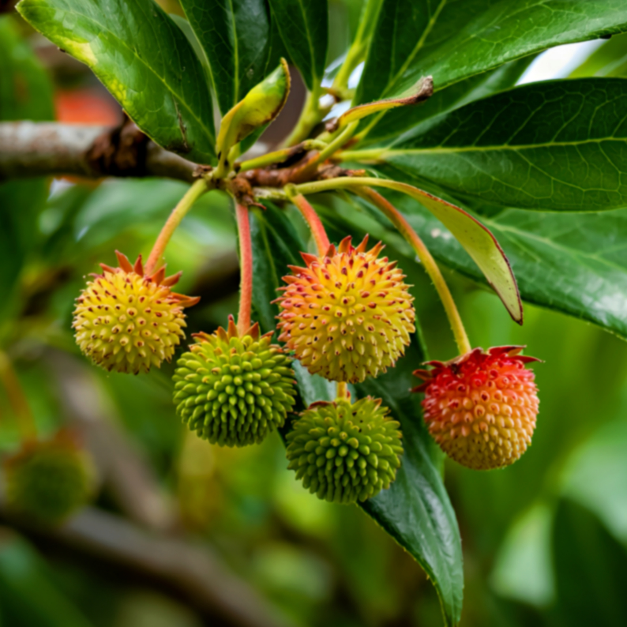 Close-up of strawberries on a tree branch with green leaves.