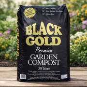 Bag of Black Gold premium garden compost with a garden background