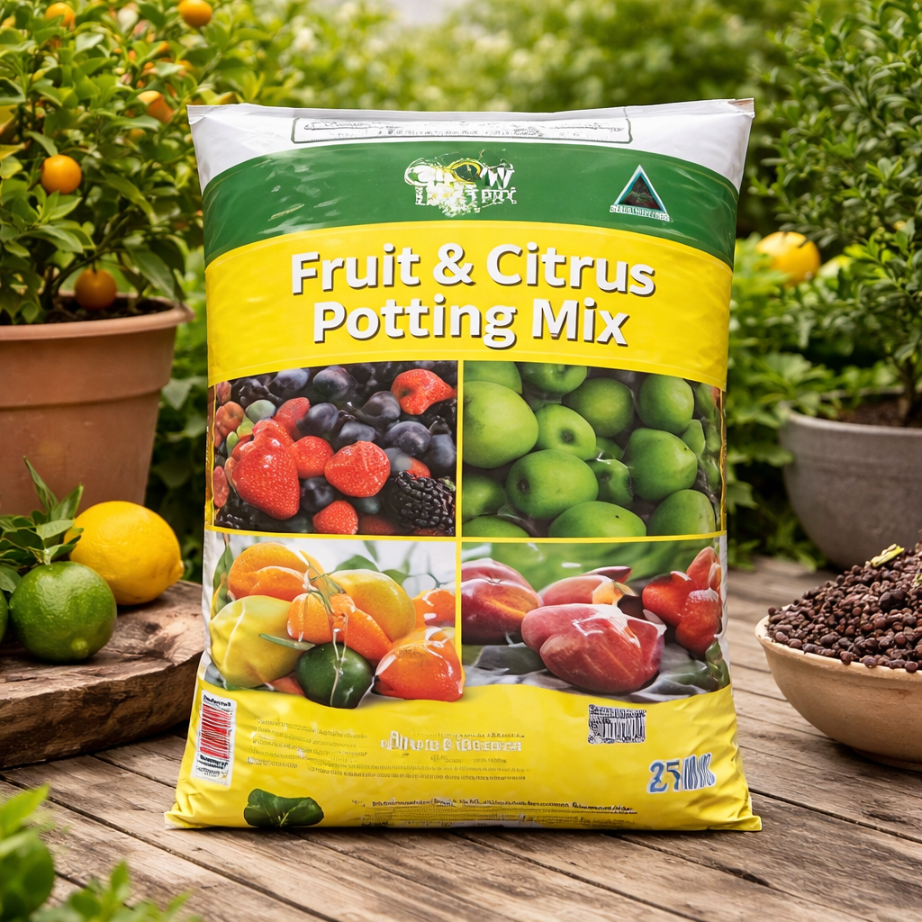 Bag of Fruit & Citrus Potting Mix on a wooden surface with plants and fruits in the background