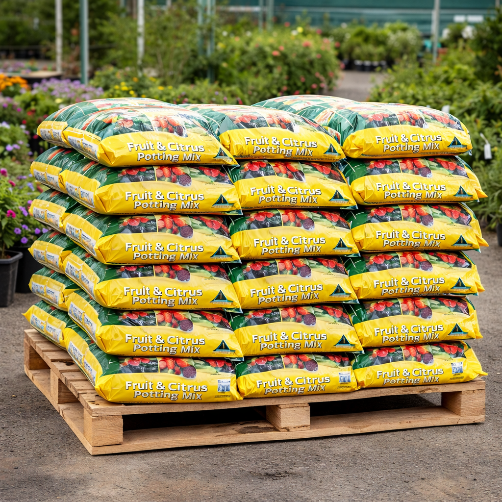 Stack of Fruit & Citrus Potting Mix bags on a wooden pallet with plants in the background.