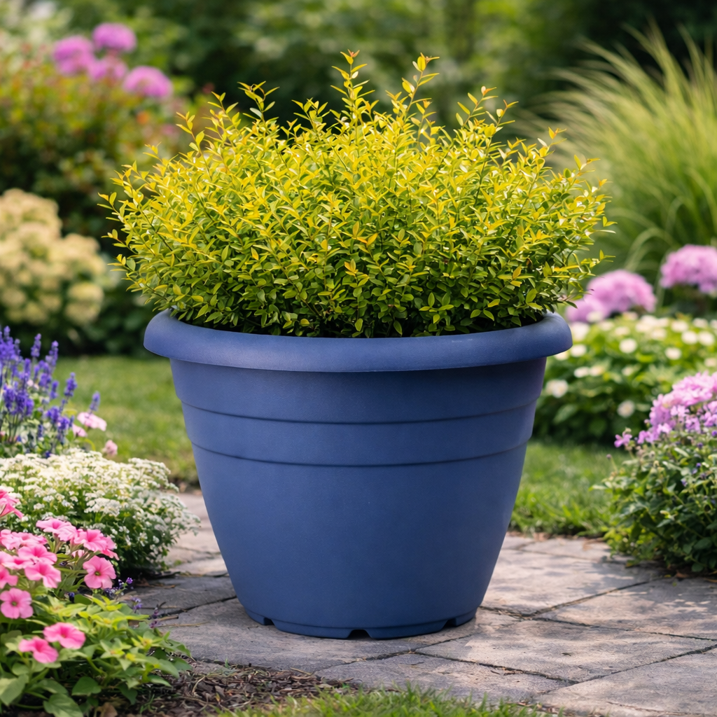 Blue pot with green bush in a garden setting with flowers and plants.