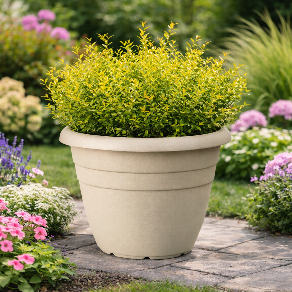 Beige planter with green bush on a garden path with flowers