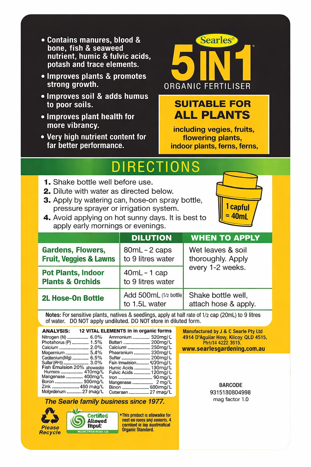 Searles 5IN1 Organic Liquid Fertiliser - 1 Litre