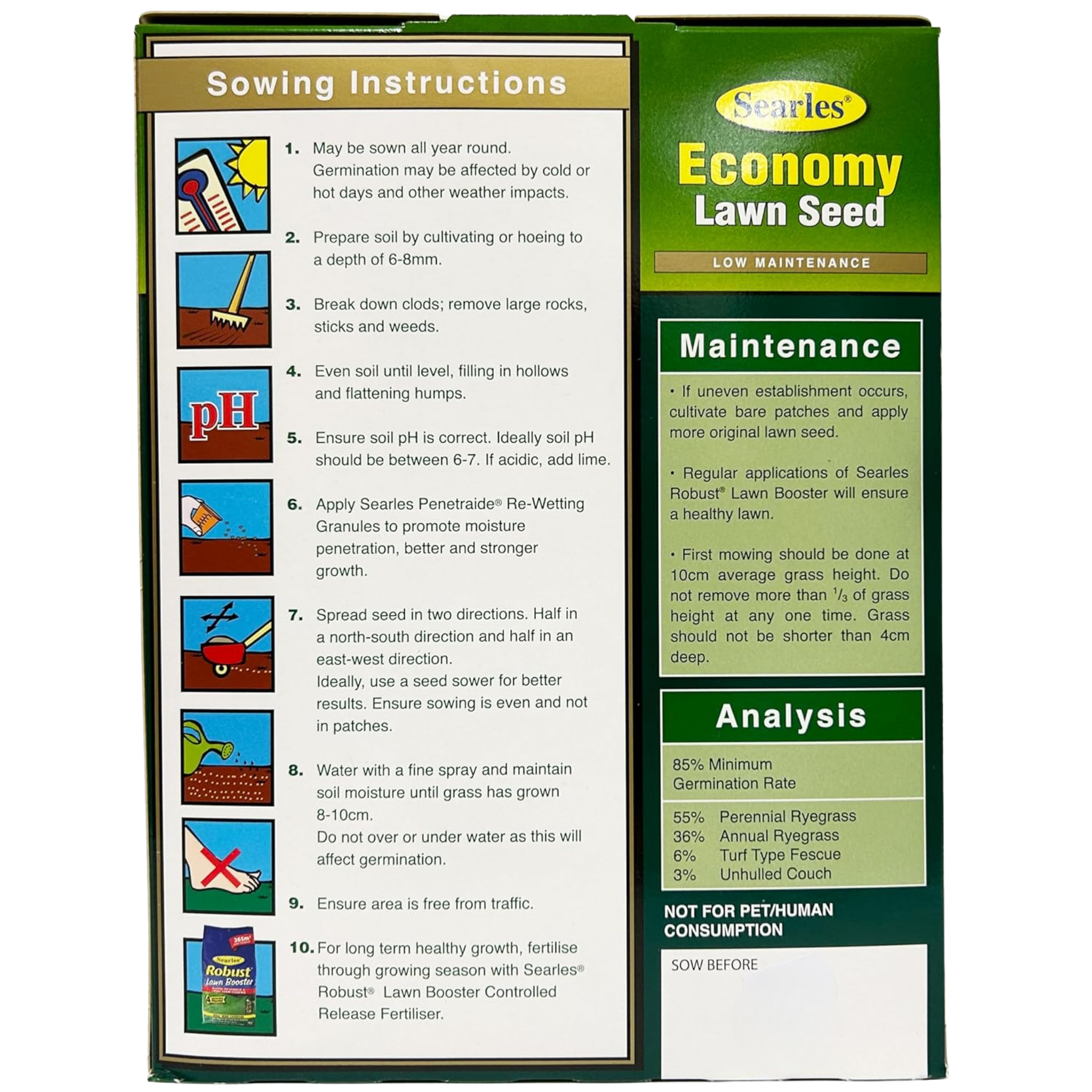 Lawn seed packet with sowing instructions and maintenance details on a white background