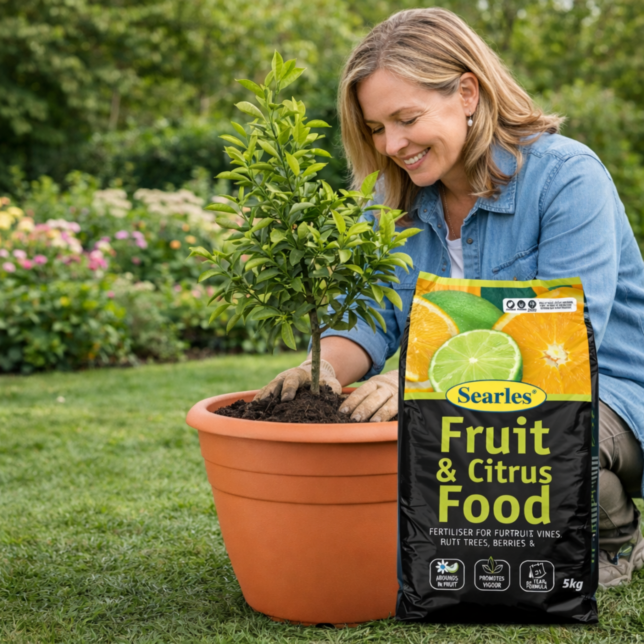 Woman holding a potted plant next to a bag of Searles Fruit & Citrus Food in a garden setting.